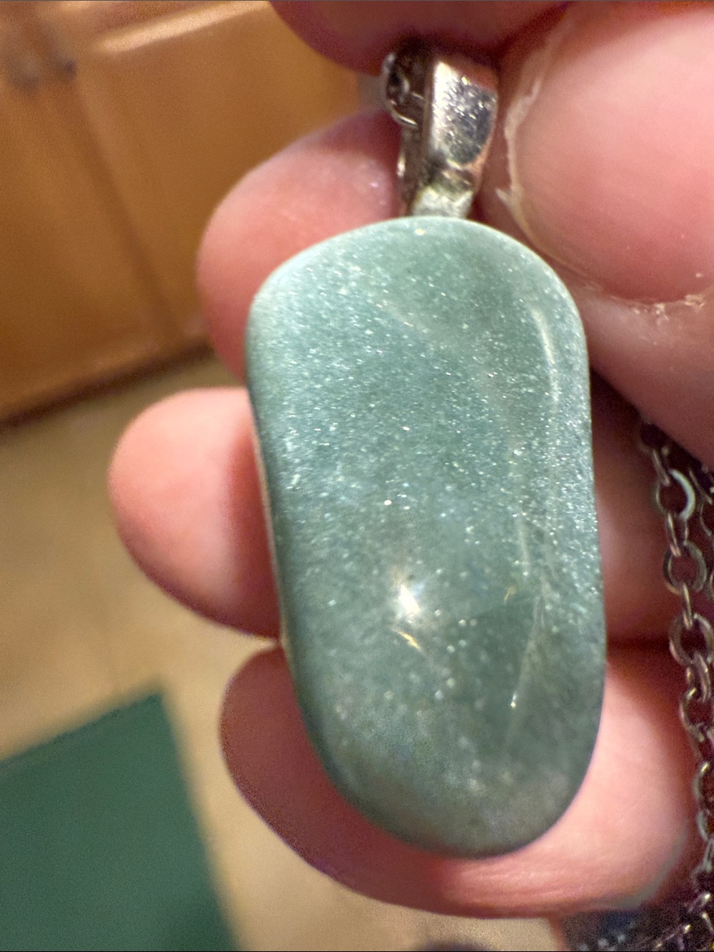 Semi precious Green Stone Pendant Necklace - possibly green aventurine